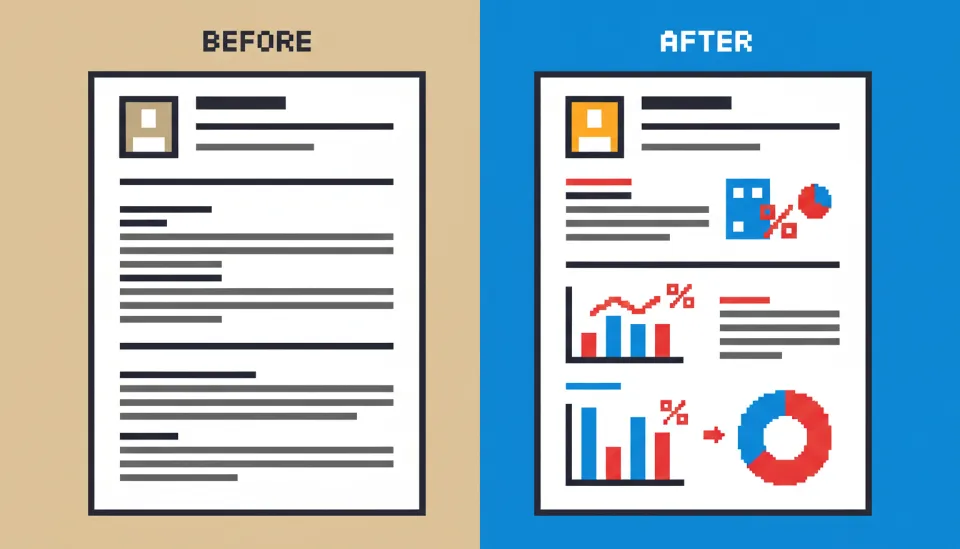 단순 텍스트 중심의 경력기술서와 수치 및 그래프가 포함된 합격률 높은 경력기술서의 비포 애프터 비교 이미지