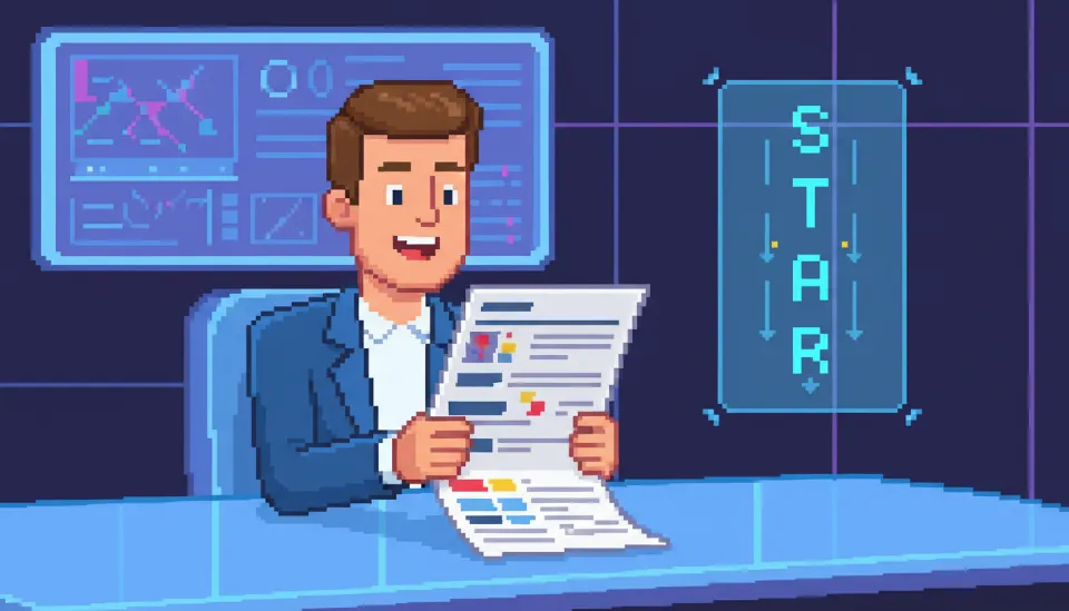 면접관이 수치가 포함된 경력기술서를 보며 긍정적인 반응을 보이는 모습과 STAR 기법이 강조된 그래픽