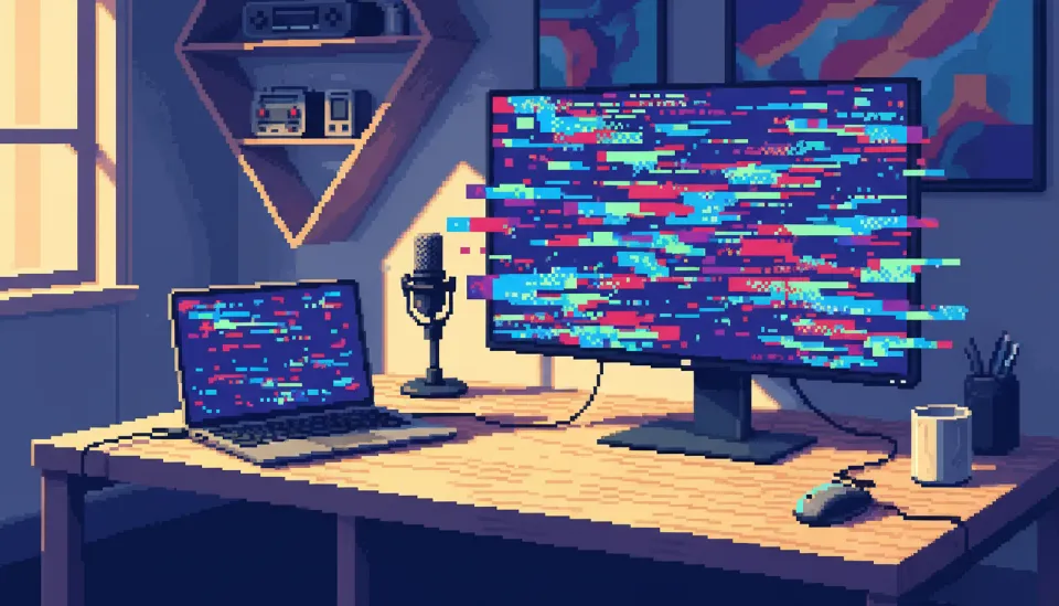 현대적인 스튜디오 책상 위에서 M4 맥북 프로와 연결된 4K 외장 모니터 화면에 가로 줄무늬 노이즈와 깜빡임 현상이 발생하는 모습