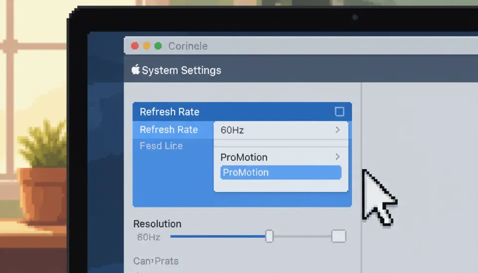 macOS 시스템 설정의 디스플레이 메뉴에서 주사율 옵션을 60Hz 고정 값으로 변경하여 외장 모니터 신호를 안정화하는 화면 캡처