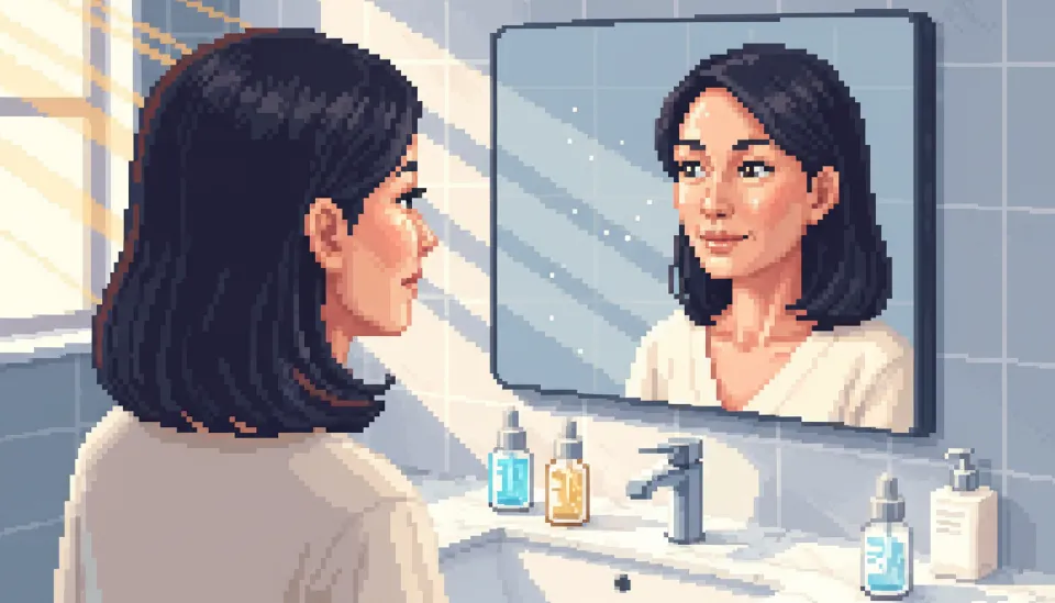 깨끗한 욕실 거울 앞에서 자신의 촉촉하고 탄력 있는 피부 상태를 확인하며 만족해하는 40대 여성의 모습과 고급스러운 스킨케어 앰플