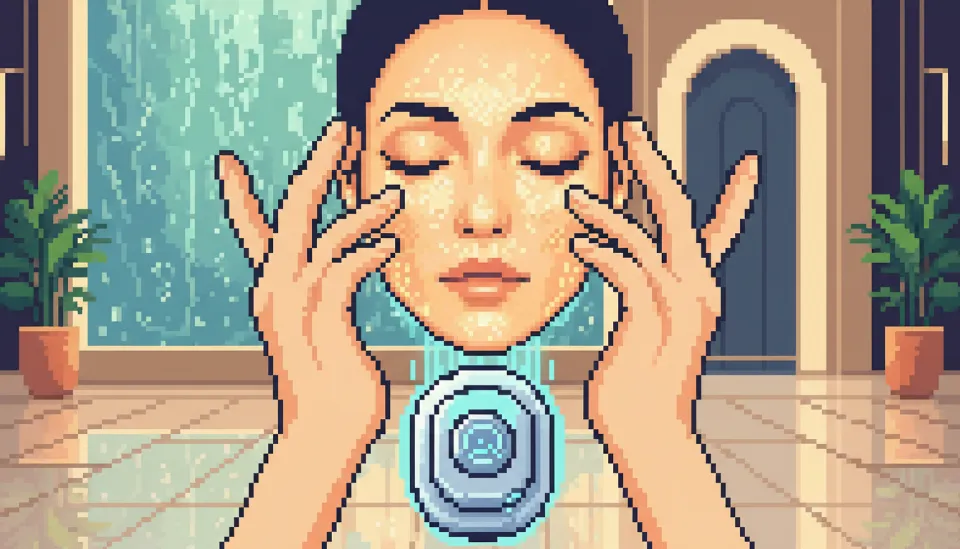 손바닥의 온기를 이용해 얼굴 전체를 감싸며 히알루론산 앰플의 흡수를 돕는 정성스러운 홈케어 마사지 장면