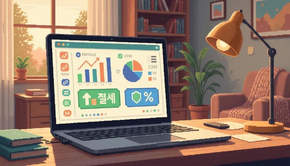 노트북 화면에 표시된 다양한 ETF 포트폴리오 그래프와 안전한 노후를 위한 연금저축 투자 전략 시각화