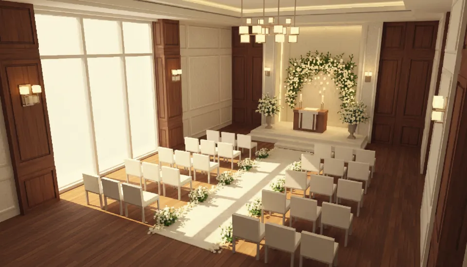 강남의 한 현대적인 인테리어를 갖춘 스몰웨딩 전용 홀 내부 모습과 자연광이 들어오는 창가 근처의 화이트 톤 생화 장식