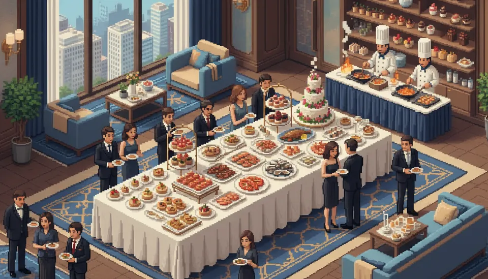 강남 부티크 호텔 라운지에 세팅된 고급스러운 스몰웨딩 출장 뷔페와 다양한 핑거 푸드 및 디저트가 놓인 테이블