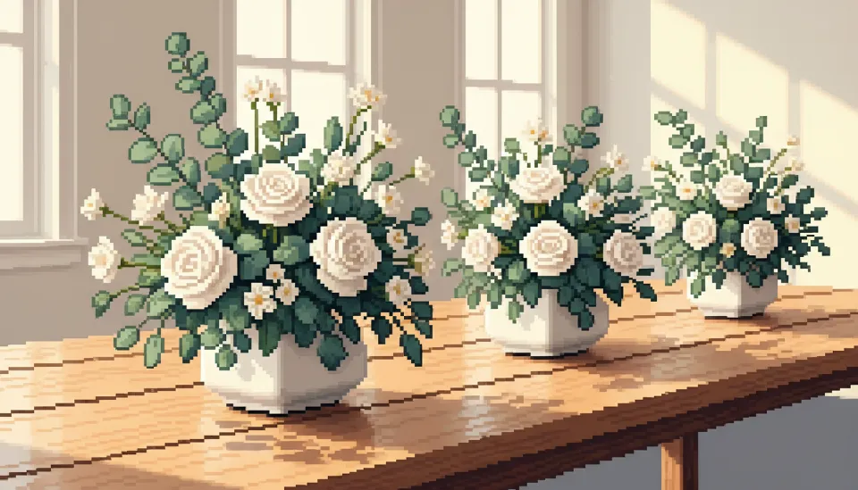 유칼립투스 잎과 화이트 장미가 조화롭게 배치된 스몰웨딩 테이블 센터피스와 감성적인 느낌의 생화 장식