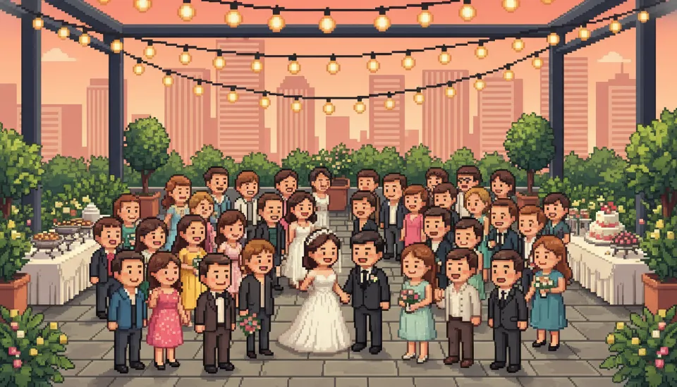 강남의 야외 테라스 공간에서 하객들의 축하를 받으며 퇴장하는 신랑 신부와 전구 장식이 화려한 밤의 스몰웨딩 전경