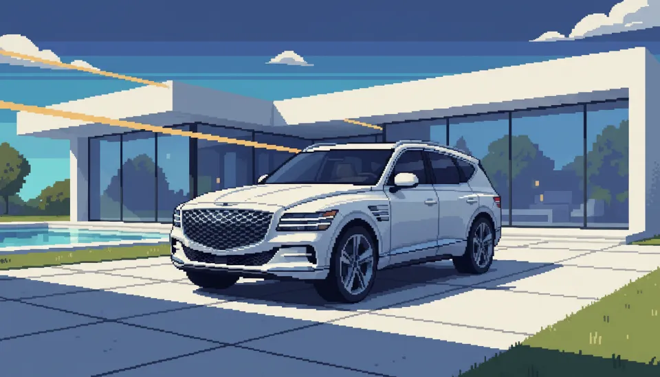 현대적인 빌라 진입로에 주차된 고급스러운 무광 화이트 컬러의 제네시스 GV80 페이스리프트 모델의 전면부 디자인