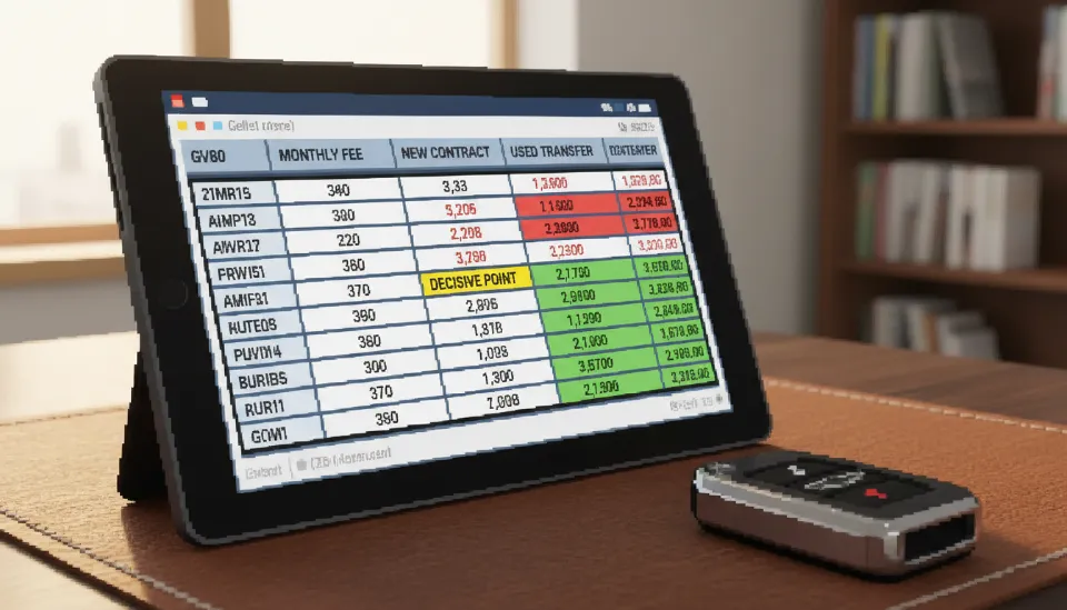 가죽 데스크 위에 놓인 제네시스 스마트키와 장기렌트 월 납입료 및 이자율 비교표가 보이는 디지털 태블릿 화면