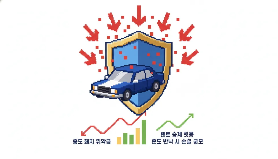 위약금을 의미하는 하락하는 빨간 화살표로부터 자동차를 보호하는 방패 이미지로 표현된 장기렌트 승계의 경제적 안전성
