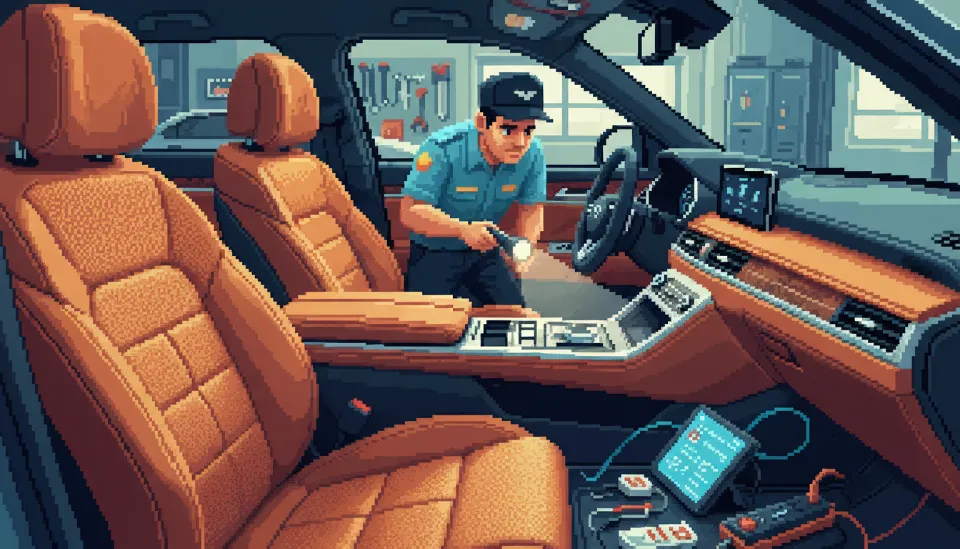 전문가용 손전등을 사용하여 제네시스 GV80의 고급스러운 베이지 가죽 시트와 실내 상태를 정밀 점검하는 모습