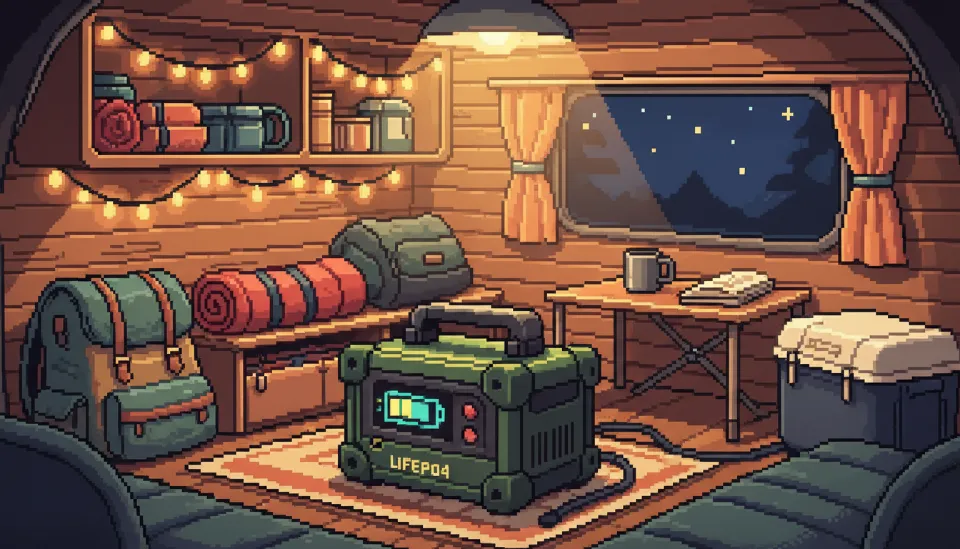 차박용 캠핑카 내부의 따뜻한 조명 아래 놓인 디지털 잔량 표시 화면이 밝게 빛나는 200Ah 인산철 파워뱅크