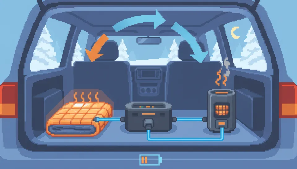 차박용 전기장판과 무시동 히터가 인산철 파워뱅크에 연결되어 에너지가 공급되는 과정을 나타낸 인포그래픽 이미지