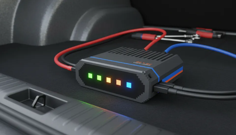 자동차 트렁크 쪽에 깔끔하게 설치되어 충전 상태 표시등이 켜져 있는 고성능 주행 충전기와 배선 정리 모습