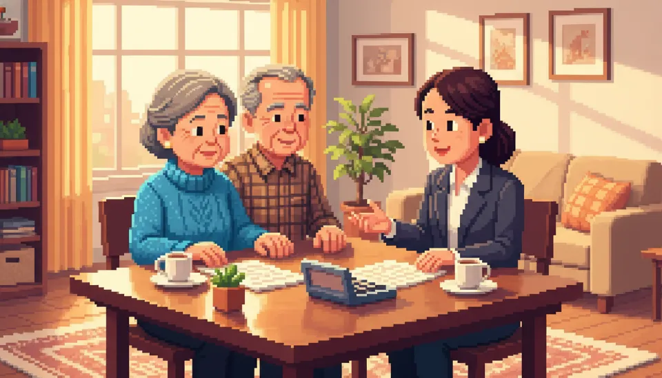 따뜻한 햇살이 비치는 거실에서 전문 상담사와 함께 기초연금 증여재산 산정 서류를 검토하고 있는 노부부의 모습