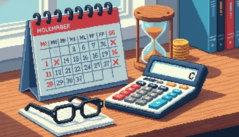 책상 위에 놓인 돋보기 안경과 계산기 그리고 증여재산 가액 산정 기간을 체크하는 달력의 상세 모습