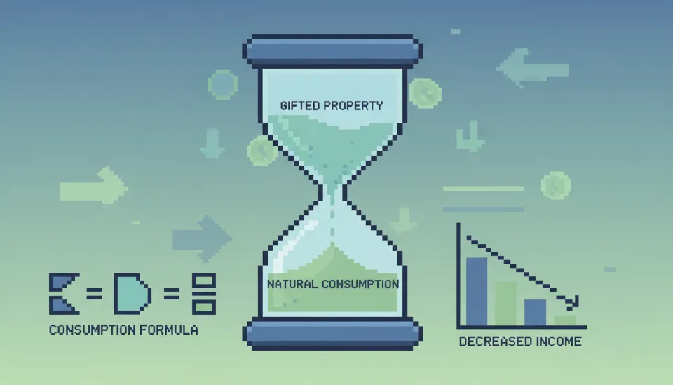 증여재산이 자연적 소비 금액으로 시간이 흐름에 따라 조금씩 차감되는 과정을 시각화한 모래시계 그래픽