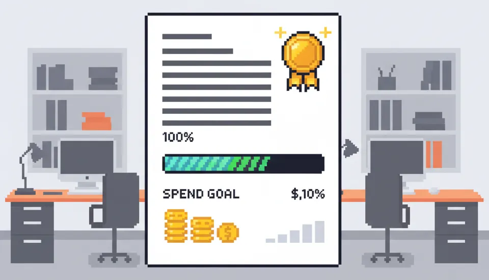 10,000달러 결제 목표 달성을 상징하는 금색 인장이 찍힌 서류와 진행률 바가 표시된 깔끔한 사무실 배경 이미지