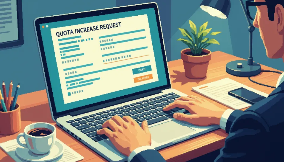 노트북 화면에서 OpenAI API 쿼터 증액 요청 양식을 작성하고 있는 개발자의 손과 전문적인 작업 공간 클로즈업