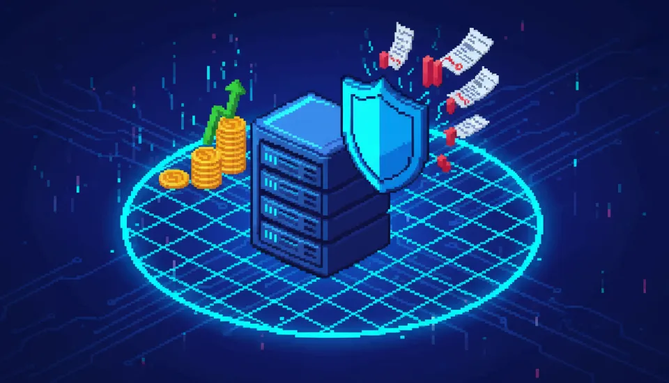서버 랙을 보호하는 방패와 안전망의 추상적 이미지로 결제 관리와 시스템 안정성을 상징하는 테크니컬 일러스트