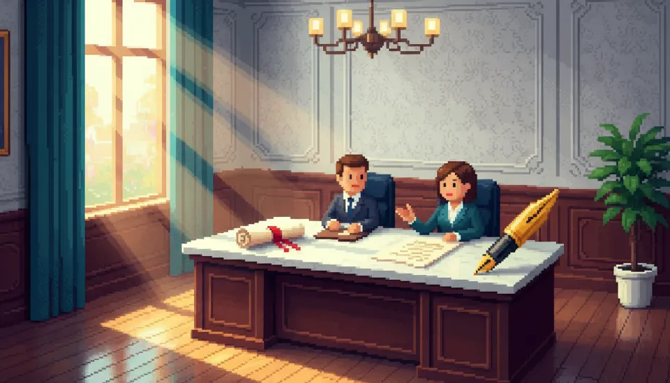 고급스러운 대리석 책상 위에 놓인 결혼정보회사 서비스 계약서와 금색 만년필의 모습