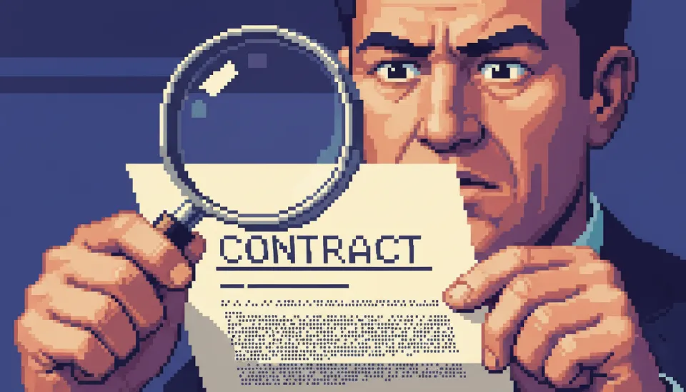 돋보기를 사용하여 계약서의 세부 독소 조항과 작은 글씨를 꼼꼼하게 검토하고 있는 손의 모습