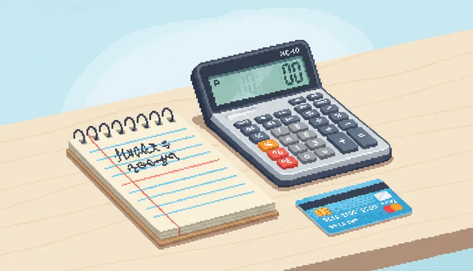 책상 위에 놓인 계산기와 환불 금액을 계산한 메모지 그리고 신용카드가 놓여 있는 깔끔한 사무 환경