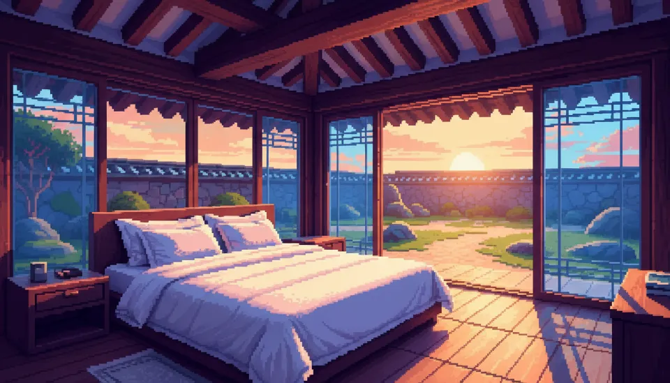 전통적인 서까래가 보이는 고풍스러운 인테리어에 고급 매트리스 침대가 배치된 경주 한옥 숙소 객실 내부 전경