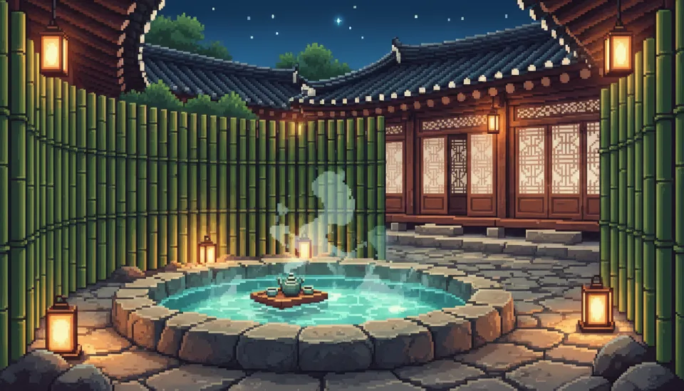 대나무 울타리로 프라이버시가 보호되는 경주 한옥 숙소의 따뜻한 김이 모락모락 피어오르는 야외 석재 노천탕