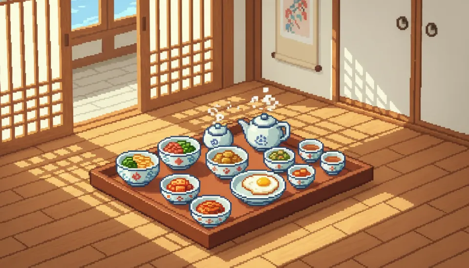 고급스러운 백자 식기에 정갈하게 담긴 한옥 스테이 조식 상차림과 따뜻한 햇살이 비치는 목조 건축물