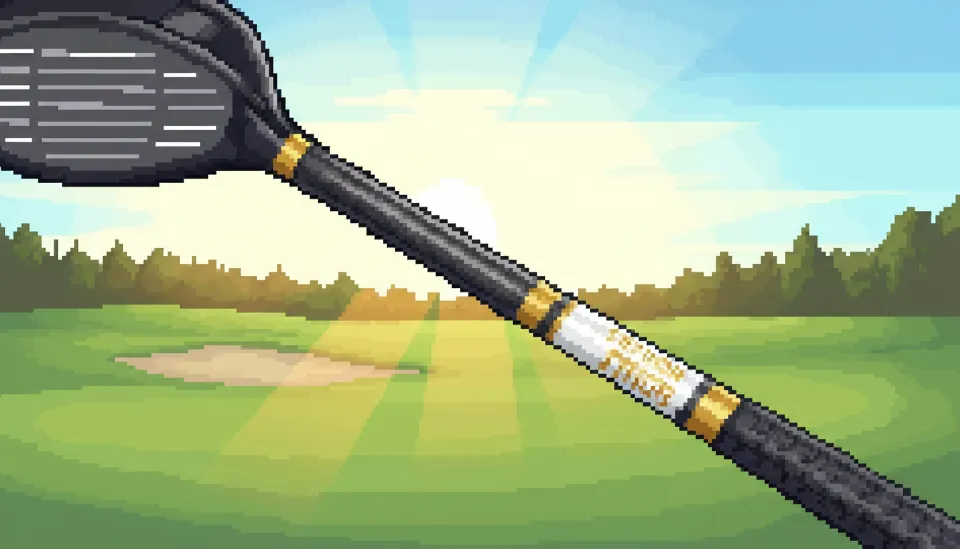 푸른 잔디가 펼쳐진 골프장 배경 앞에 놓인 프리미엄 골드 색상의 시니어 전용 고반발 드라이버 샤프트와 헤드의 클로즈업 이미지