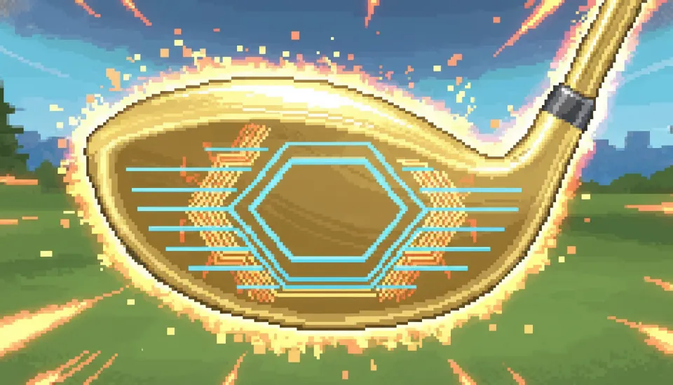 고급스러운 골드 티타늄 소재로 제작된 초고반발 드라이버의 페이스 면을 정밀하게 촬영하여 얇고 정교한 밀링 패턴을 보여주는 사진