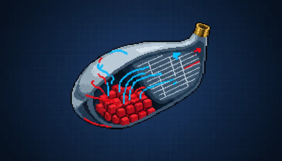현대적인 골프 드라이버의 내부 무게 중심 설계를 시각화하여 저중심 설계와 높은 관성모멘트의 원리를 설명하는 3D 그래픽 이미지