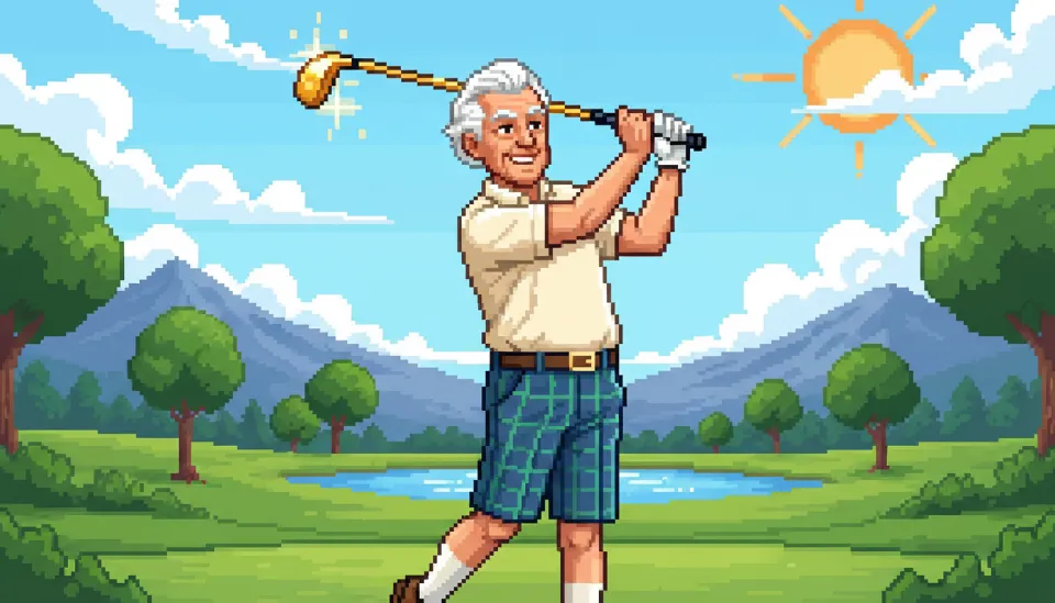 햇살이 눈부신 골프장 페어웨이에서 자신감 넘치는 미소를 지으며 부드럽게 스윙을 마무리하고 있는 멋진 70대 시니어 골퍼의 모습