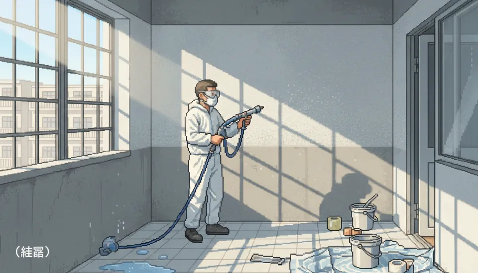 전문 작업자가 고압 스프레이를 이용해 구축 아파트 베란다 벽면에 연회색 프리미엄 탄성코트를 정교하게 시공하고 있는 생생한 현장 모습