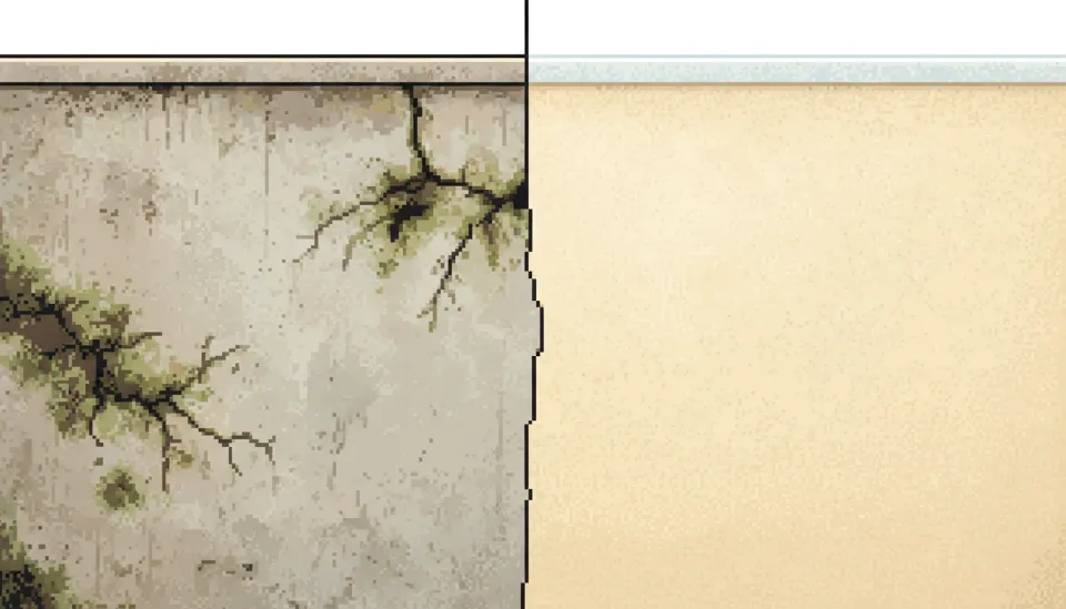 곰팡이와 균열로 오염된 낡은 베란다 벽면과 탄성코트 시공 후 깨끗하고 고급스러운 질감으로 변신한 벽면의 선명한 전후 비교 이미지