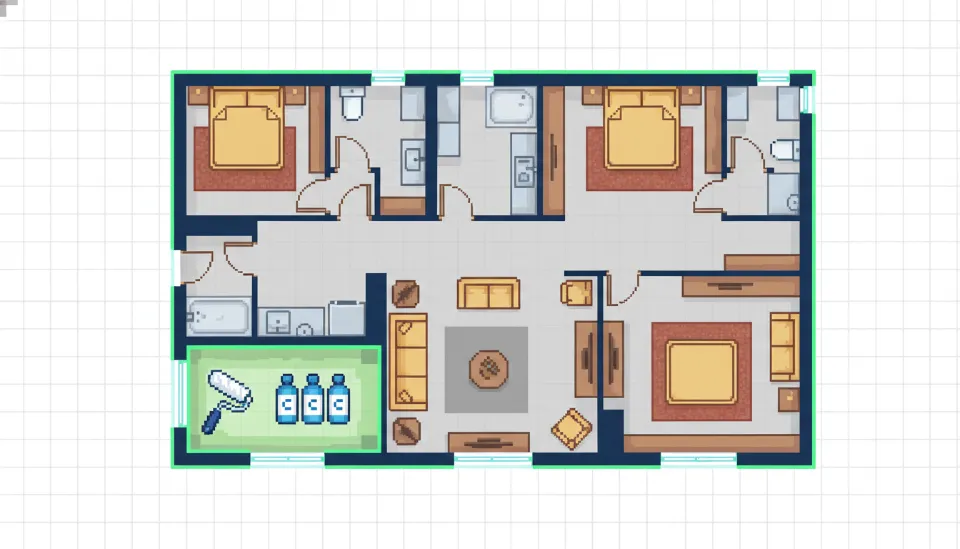 34평형 아파트 도면 위로 탄성코트 시공이 필요한 베란다 구역과 예상 견적 산출 과정을 직관적으로 보여주는 인포그래픽 이미지