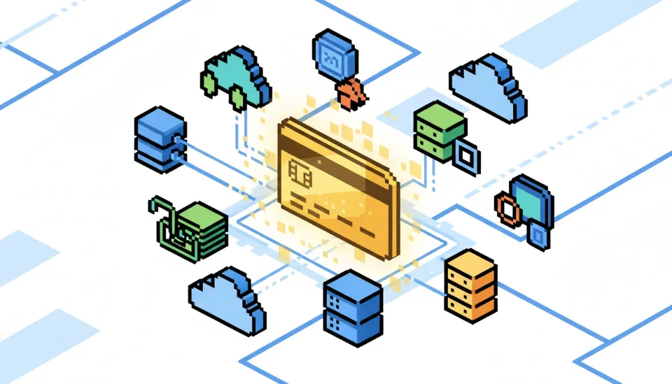 여러 개의 구글 클라우드 프로젝트 아이콘들이 중앙의 커다란 결제 카드 아이콘으로 모여드는 모습을 시각화한 GCP 결제 계정 통합 개념도
