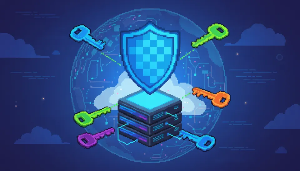 보안 방패와 여러 개의 열쇠 아이콘을 통해 클라우드 리소스에 대한 IAM 권한 체계를 시각화한 모습