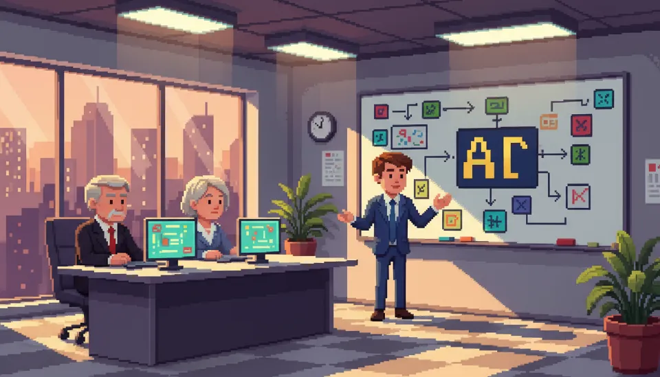 현대적인 사무실 회의실에서 화이트보드에 STAR 기법의 개념을 논리적으로 설명하며 직무 역량을 어필하는 젊은 지원자의 모습