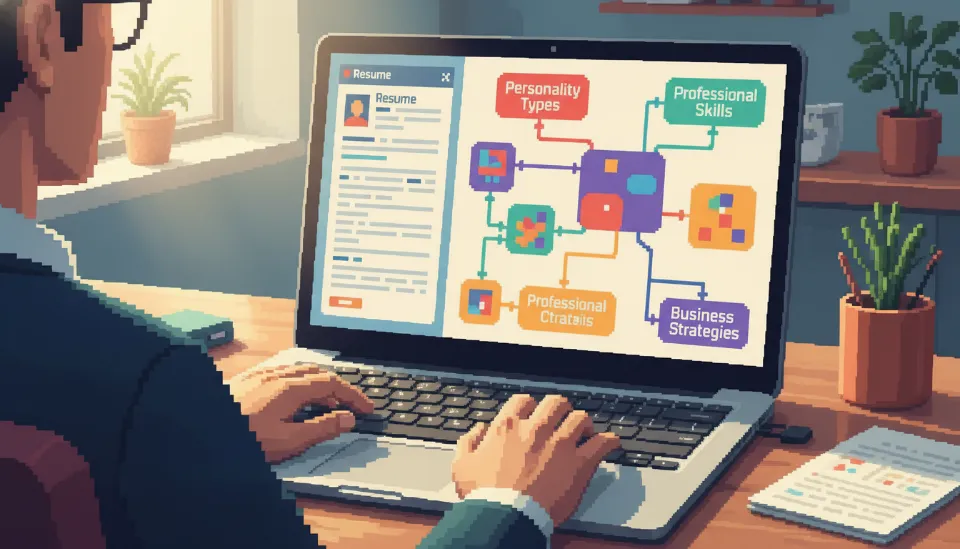 노트북으로 자기소개서를 작성하며 MBTI 성격 특성을 비즈니스 직무 역량 마인드맵으로 정리하고 있는 취업 준비생의 손과 화면