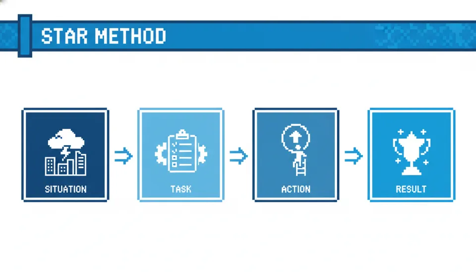 상황, 과제, 행동, 결과의 4단계 STAR 기법 프로세스를 아이콘과 함께 직관적으로 나타낸 인포그래픽 디자인