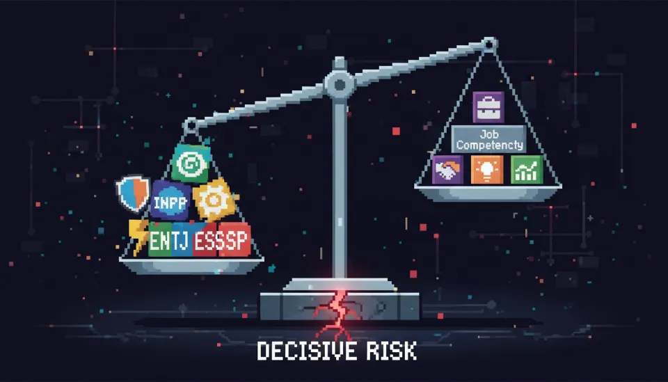 MBTI 성격 유형과 직무 역량 요구사항 사이의 균형을 저울로 시각화하여 직무 적합성의 중요성을 강조하는 이미지