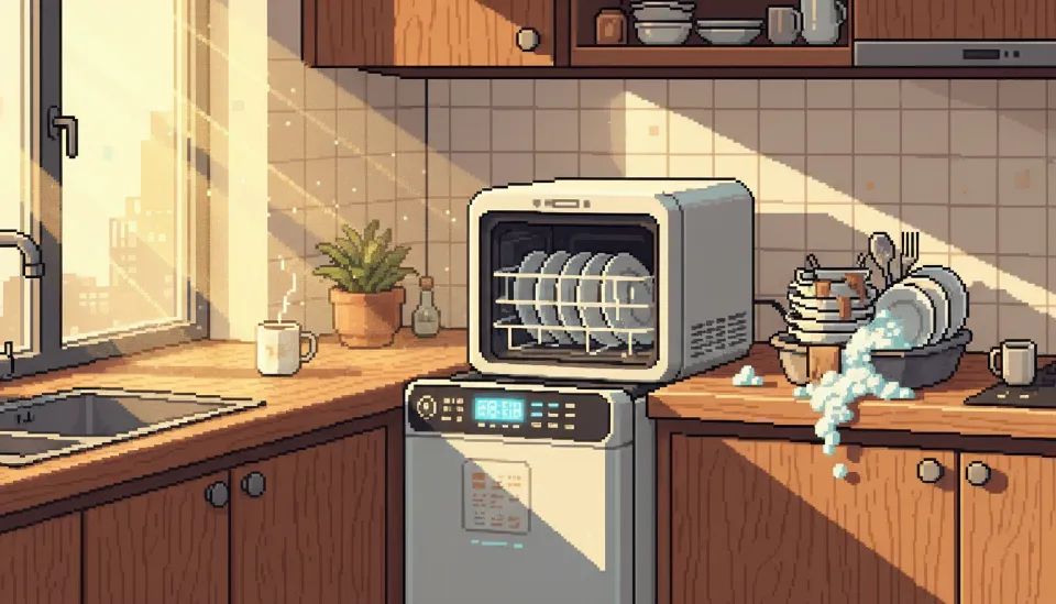 햇살이 비치는 아늑한 자취방 주방 원목 조리대 위에 설치된 현대적인 디자인의 화이트 무설치 소형 식기세척기