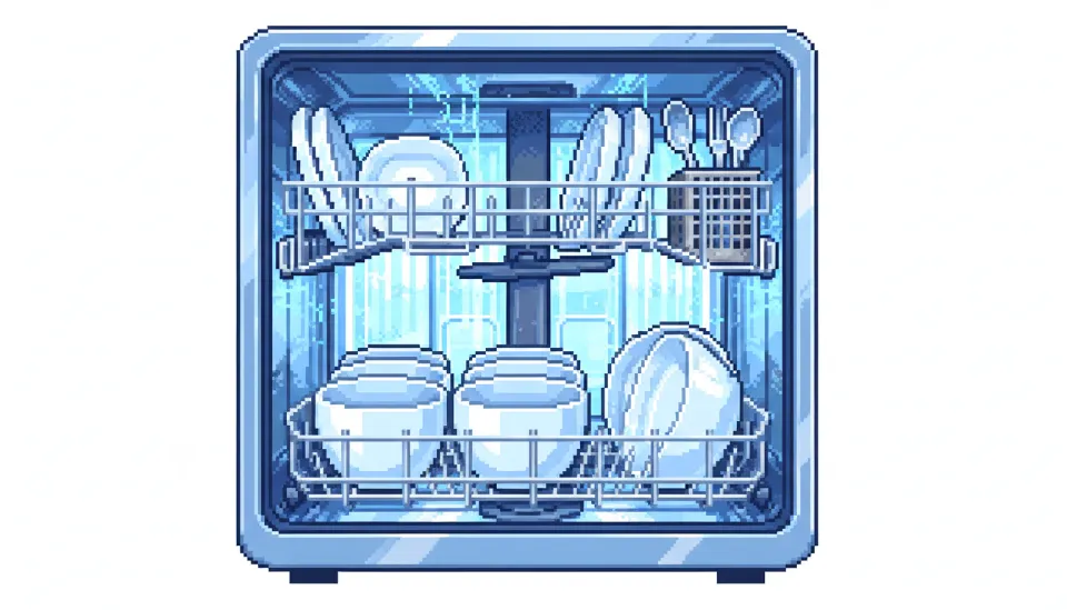 한국식 오목한 그릇들이 효율적으로 배치된 1인 가구용 소형 식기세척기의 내부 스테인리스 바스켓 상세 모습