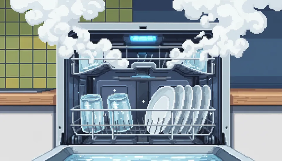 고온 세척이 끝나고 김이 모락모락 나는 깨끗한 유리컵들과 살균용 블루 UV 라이트가 켜진 식기세척기 내부