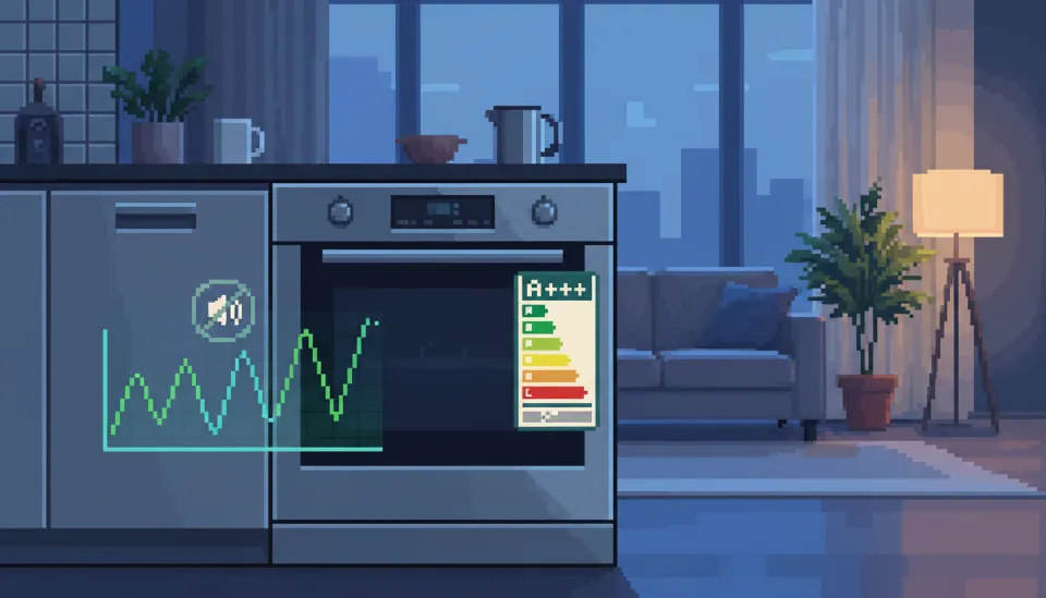 밤 시간대에도 조용하게 작동하는 저소음 식기세척기와 제품 측면에 부착된 에너지 소비 효율 등급 스티커