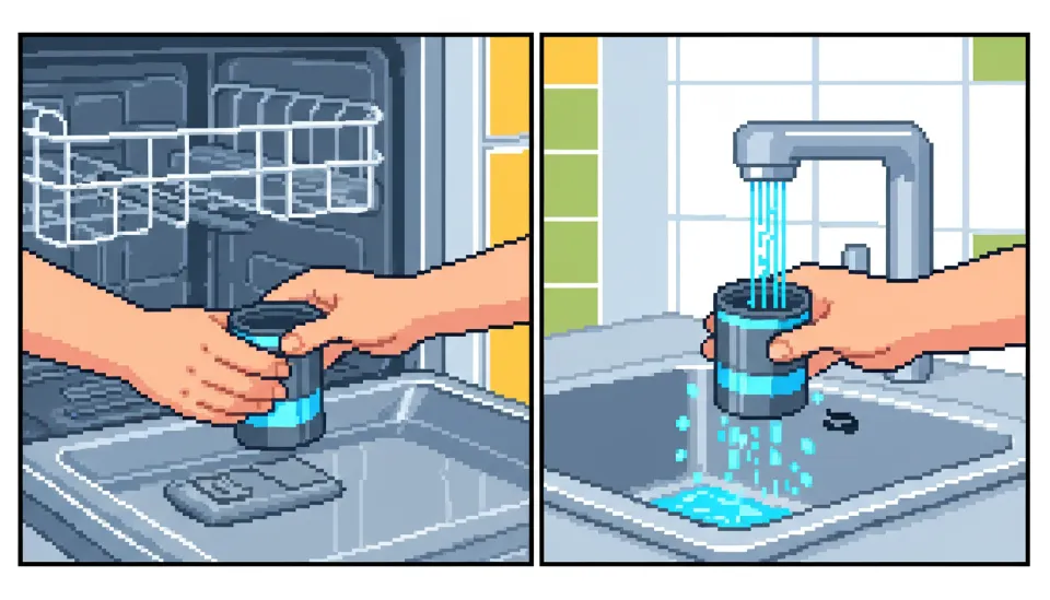 반짝이는 스테인리스 내부 바닥에서 청소를 위해 분리형 필터를 손쉽게 꺼내고 있는 모습