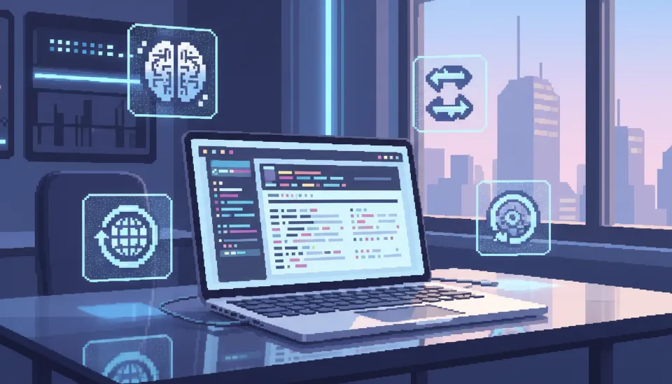 현대적인 사무실 책상 위 노트북 화면에 표시된 세련된 노션 AI 데이터베이스 관리 화면과 자동화 워크플로우를 상징하는 3D 아이콘들