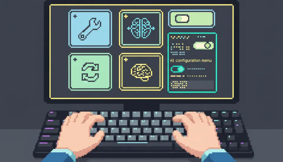 키보드를 사용해 노션의 AI 속성 설정 메뉴에서 자동 채우기 기능을 구체적으로 세팅하고 있는 사용자의 손과 모니터 화면